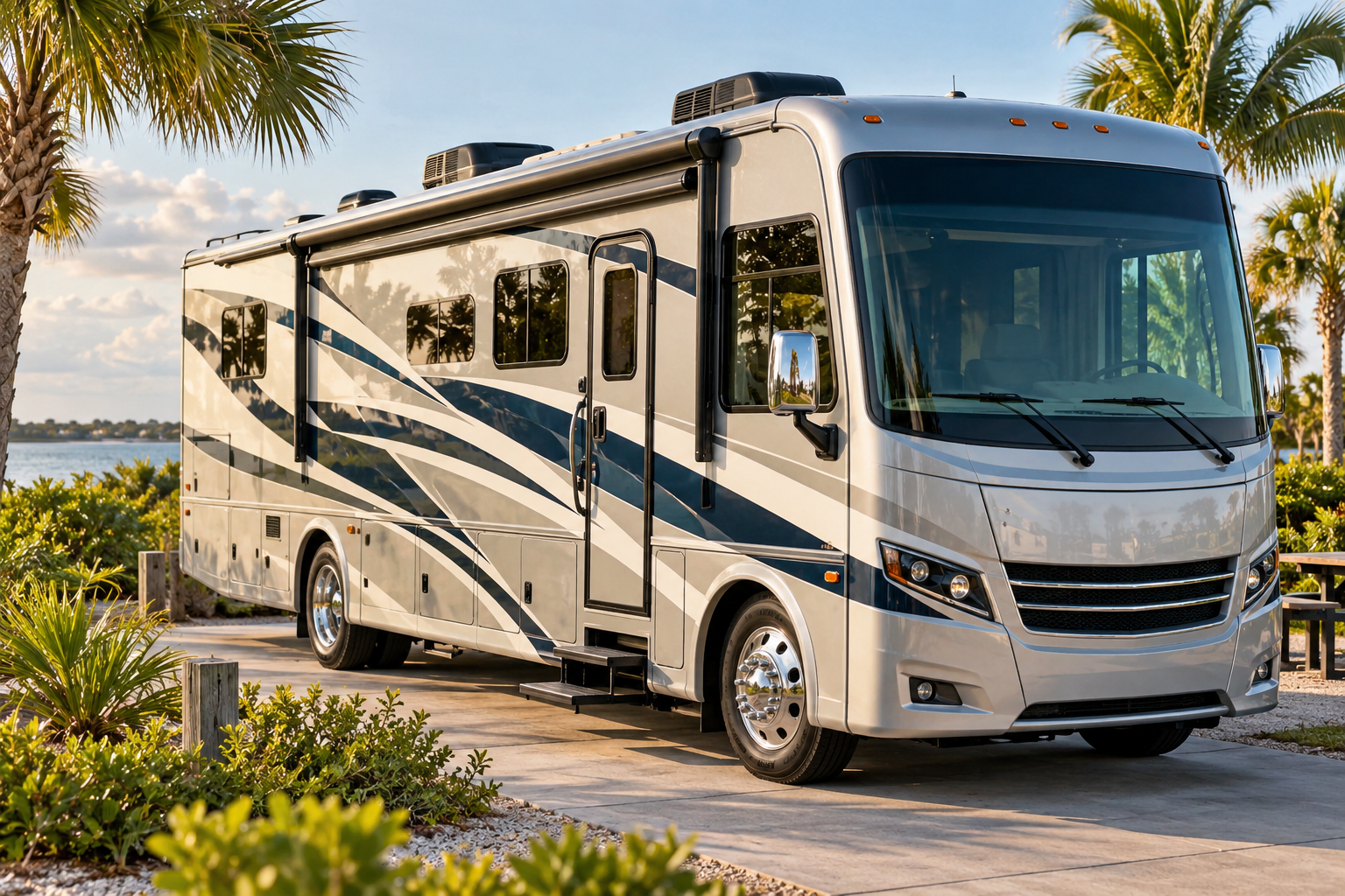 Illustrative motorhome at a coastal RV park
